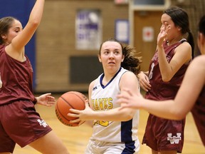 CKSS Golden Hawks' Avery Haines splits Wallaceburg Tartans' Emma Ouellette, left, and Jerzee Blackbird on her way to the basket in a LKSSAA Tier 1 senior girls' basketball game at Chatham-Kent Secondary School in Chatham on Nov. 2. Mark Malone/Postmedia