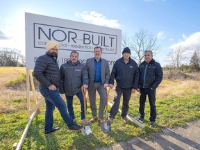 Chatham-Kent Mayor Darrin Canniff is seen here with members of the Nor-Built Construction team for the groundbreaking on the new Victoria Estates subdivision in Ridgetown.