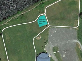 An overhead view of where the proposed skatepark could be situated outside of the A`nowara`ko:wa Arena in Kawehno:ke (Cornwall Island). Trails on the property may also be paved, and there may be a butterfly garden, fruit tree orchard and seating area installed. Handout/Cornwall Standard-Freeholder/Postmedia Network
