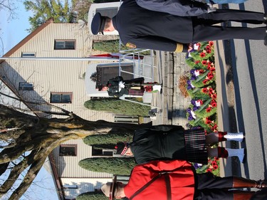 The Canadian flag lowered at the Lancaster Cenotaph, during two minutes of silence.Photo on Sunday, November 7, 2021, in Lancaster, Ont. Todd Hambleton/Cornwall Standard-Freeholder/Postmedia Network