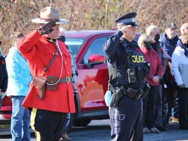Const. Mike Chenier, of the RCMP Cornwall detachment, and SDG OPP Acting Staff Sgt. Greg Smith, at the Remembrance Day ceremony at Lost Villages Museum near Long Sault. Photo on Sunday, November 7, in Long Sault, Ont. Todd Hambleton/Cornwall Standard-Freeholder/Postmedia Network
