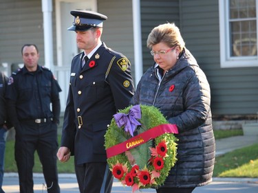 North Glengarry Deputy Mayor Carma Williams being escorted to the base of the Maxville Cenotaph for the laying of a wreath. Photo on Saturday, November 6, 2021, in Maxville, Ont. Todd Hambleton/Cornwall Standard-Freeholder/Postmedia Network