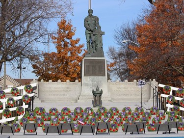 Wreaths at the Cornwall Cenotaph before the start of the ceremony. Photo on Thursday, November 11, 2021, in Cornwall, Ont. Todd Hambleton/Cornwall Standard-Freeholder/Postmedia Network
