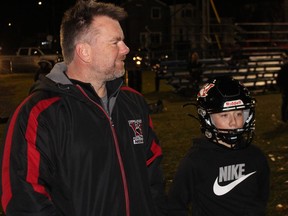 Wildcats president and Mosquito Division head coach Kirby Camplin, at practice Thursday with his son Bryce, the team quarterback. Photo on Thursday, November 18, 2021, in Cornwall, Ont. Todd Hambleton/Cornwall Standard-Freeholder/Postmedia Network