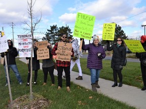 Some of the protestors outside of MP Eric Duncan's office, waving their signs and eliciting honks from people driving by on Monday November 22, 2021 in Cornwall, Ont. Shawna O'Neill/Cornwall Standard-Freeholder/Postmedia Network
