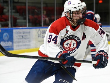Ottawa Jr. Senators Julian Recine seen during play against the Cornwall Colts on Thursday November 18, 2021 in Cornwall, Ont. The Colts lost 5-2. Robert Lefebvre/Special to the Cornwall Standard-Freeholder/Postmedia Network