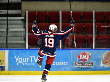 Cornwall Colts Jake Coleman celebrates one of his two goals against the Pembroke Lumber Kings on Thursday November 25, 2021 in Cornwall, Ont. Cornwall lost 5-4 in the shootout. Robert Lefebvre/Special to the Cornwall Standard-Freeholder/Postmedia Network