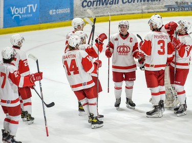 Pembroke Lumber Kings players congratulate each other for the shootout win against the Cornwall Colts on Thursday November 25, 2021 in Cornwall, Ont. Cornwall lost 5-4. Robert Lefebvre/Special to the Cornwall Standard-Freeholder/Postmedia Network
