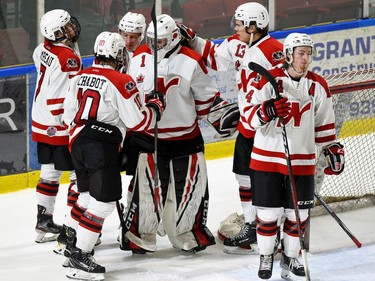 Nepean Raiders players celebrate their 8-6 win against the Cornwall Colts on Thursday November 11, 2021 in Cornwall, Ont.  Robert Lefebvre/Special to the Cornwall Standard-Freeholder/Postmedia Network