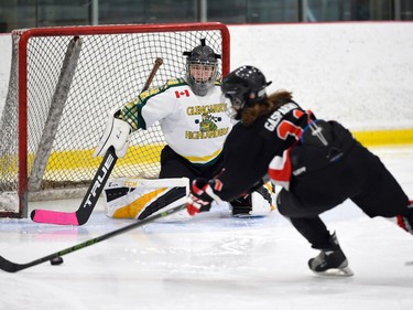 The Glengarry Highlanders U18 goaltender is ready for the shot from this Nepean Wildcats player on Saturday November 13, 2021 in Cornwall, Ont. Glengarry won 4-1. Robert Lefebvre/Special to the Cornwall Standard-Freeholder/Postmedia Network