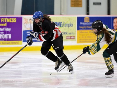A Glengarry Highlanders U18 player moves to catch a Nepean Wildcats player during tournament play on Saturday November 13, 2021 in Cornwall, Ont. Glengarry won 4-1. Robert Lefebvre/Special to the Cornwall Standard-Freeholder/Postmedia Network