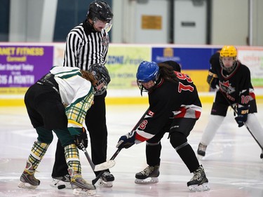 Faceoff between the Glengarry Highlanders U18 and the Nepean Wildcats during tournament play on Saturday November 13, 2021 in Cornwall, Ont. Glengarry won 4-1. Robert Lefebvre/Special to the Cornwall Standard-Freeholder/Postmedia Network