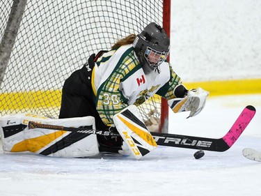 The Glengarry Highlanders U18 goaltender moves to smother a rebound during play against the Nepean Wildcats on Saturday November 13, 2021 in Cornwall, Ont. Glengarry won 4-1. Robert Lefebvre/Special to the Cornwall Standard-Freeholder/Postmedia Network