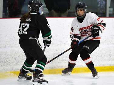 Cornwall Typhoons U18 Leita Leaf goes into the corner against Gloucester Cumberland Shooting Stars Chloe Leonard during play on Saturday November 13, 2021 in Cornwall, Ont. The game ended in a 0-0 tie. Robert Lefebvre/Special to the Cornwall Standard-Freeholder/Postmedia Network