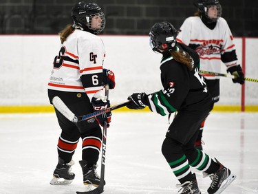 Cornwall Typhoons U18 Julia Murphy keeps an eye on Gloucester Cumberland Shooting Stars Chloe Leonard during play on Saturday November 13, 2021 in Cornwall, Ont. The game ended in a 0-0 tie. Robert Lefebvre/Special to the Cornwall Standard-Freeholder/Postmedia Network
