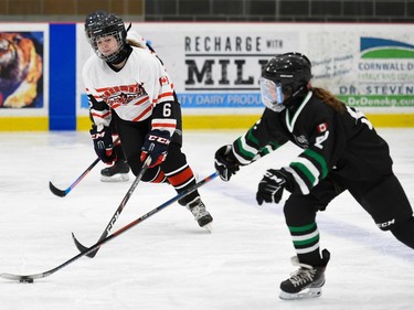 Cornwall Typhoons U18 Julia Murphy moves to strip the puck from Gloucester Cumberland Shooting Stars Chloe Leonard during play on Saturday November 13, 2021 in Cornwall, Ont. The game ended in a 0-0 tie. Robert Lefebvre/Special to the Cornwall Standard-Freeholder/Postmedia Network