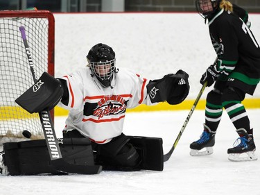 Cornwall Typhoons U18 goaltender Amber Jette watches the  puck rebound off her pads during play against Gloucester Cumberland Shooting Stars on Saturday November 13, 2021 in Cornwall, Ont. The game ended in a 0-0 tie. Robert Lefebvre/Special to the Cornwall Standard-Freeholder/Postmedia Network