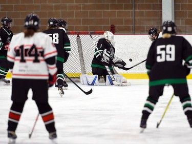 Gloucester Cumberland Shooting Stars U18 goaltender Valerie Laframboise blocks at Cornwall Typhoons shot during play on Saturday November 13, 2021 in Cornwall, Ont. The game ended in a 0-0 tie. Robert Lefebvre/Special to the Cornwall Standard-Freeholder/Postmedia Network