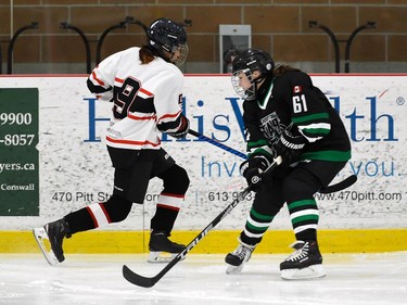 Cornwall Typhoons U18 Leita Leaf gets a stick around Gloucester Cumberland Shooting Stars Meara Nadon during play on Saturday November 13, 2021 in Cornwall, Ont. The game ended in a 0-0 tie. Robert Lefebvre/Special to the Cornwall Standard-Freeholder/Postmedia Network
