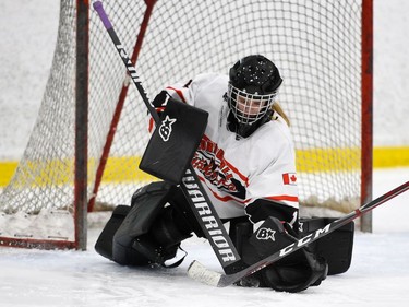 Cornwall Typhoons U18 goaltender Amber Jette is gloves down on the puck during play against Gloucester Cumberland Shooting Stars on Saturday November 13, 2021 in Cornwall, Ont. The game ended in a 0-0 tie. Robert Lefebvre/Special to the Cornwall Standard-Freeholder/Postmedia Network