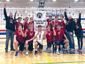 Cochrane High’s senior boys volleyball team celebrate winning their zone title last month. Karen Hasiuk