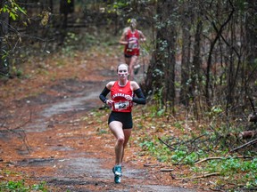 Tamara DePauw of the Fanshawe Falcons competes at the OCAA cross-country championship in Caledon, Ont., on Saturday, Oct. 30, 2021. (Photo courtesy of Humber Athletics)