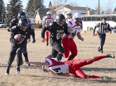 The J.C. Charyk Hanna Hawks hosted the Vermillion Marauders for the Alberta 6-man quarterfinals on Nov. 13. The Hawks dominated the game early, losing steam in the third quarter before catching a second wind to take the final victory 70-32. The Hawks will face off against the Holy Redeemer Rebels from Edson, Alta. here in Hanna on Nov. 20. Jackie Irwin/Postmedia