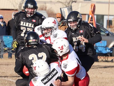 The J.C. Charyk Hanna Hawks hosted the Vermillion Marauders for the Alberta 6-man quarterfinals on Nov. 13. The Hawks dominated the game early, losing steam in the third quarter before catching a second wind to take the final victory 70-32. The Hawks will face off against the Holy Redeemer Rebels from Edson, Alta. here in Hanna on Nov. 20. Jackie Irwin/Postmedia