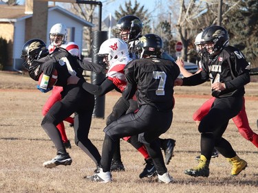 The J.C. Charyk Hanna Hawks hosted the Vermillion Marauders for the Alberta 6-man quarterfinals on Nov. 13. The Hawks dominated the game early, losing steam in the third quarter before catching a second wind to take the final victory 70-32. The Hawks will face off against the Holy Redeemer Rebels from Edson, Alta. here in Hanna on Nov. 20. Jackie Irwin/Postmedia