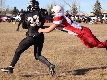 The J.C. Charyk Hanna Hawks hosted the Vermillion Marauders for the Alberta 6-man quarterfinals on Nov. 13. The Hawks dominated the game early, losing steam in the third quarter before catching a second wind to take the final victory 70-32. The Hawks will face off against the Holy Redeemer Rebels from Edson, Alta. here in Hanna on Nov. 20. Jackie Irwin/Postmedia