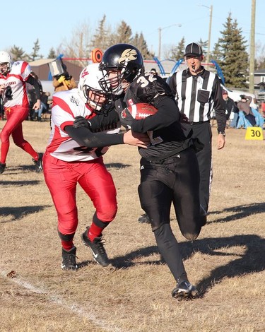 The J.C. Charyk Hanna Hawks hosted the Vermillion Marauders for the Alberta 6-man quarterfinals on Nov. 13. The Hawks dominated the game early, losing steam in the third quarter before catching a second wind to take the final victory 70-32. The Hawks will face off against the Holy Redeemer Rebels from Edson, Alta. here in Hanna on Nov. 20. Jackie Irwin/Postmedia