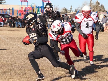 The J.C. Charyk Hanna Hawks hosted the Vermillion Marauders for the Alberta 6-man quarterfinals on Nov. 13. The Hawks dominated the game early, losing steam in the third quarter before catching a second wind to take the final victory 70-32. The Hawks will face off against the Holy Redeemer Rebels from Edson, Alta. here in Hanna on Nov. 20. Jackie Irwin/Postmedia