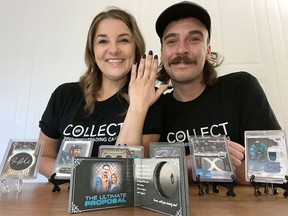Devon Cross and Devan Bruce got engaged Tuesday. Bruce enclosed the proposal and engagement ring in a specially made pack of hockey cards. Supplied Photo