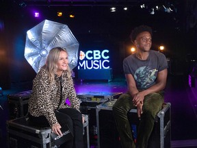Kingston native Jess Huddleston — pictured on set with musician BOYFRN — is the new host of CBC Music's online show "The Intro," which features up-and-coming Canadian musicians.