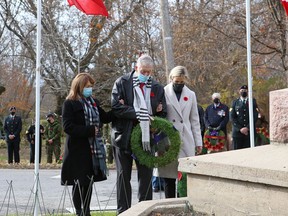Hastings–Lennox and Addington MPP Daryl Kramp lays a wreath with his wife, Carol Ann, and daughter, Hastings–Lennox and Addington MP Shelby Kramp-Neuman, at the Remembrance Day ceremony in Wilton on Nov. 11, 2021. Elliot Ferguson