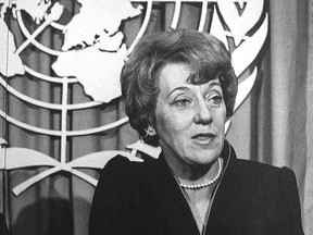 Flora MacDonald addresses the United Nations at a conference in Geneva in 1979 as Canada's Secretary of State for External Affairs.
