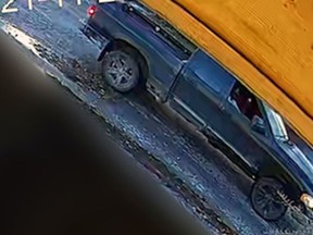 Ontario Provincial Police are searching for this black pickup truck, thought to be a 2002 model Dodge Ram, which was last seen on Isabella Street East after a firearm was fired at a residence at about 7:50 a.m. on Nov. 22. Ontario Provincial Police/Supplied Photo