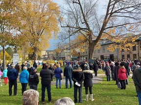 In spite of COVID-19 restrictions and planned park construction, a good sized crowd gathered at Town Park in Gananoque for the annual Remembrance Day services hosted by Royal Canadian Legion Branch 92.  
Supplied by Paul Harding