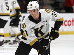 Kingston Frontenacs centre Shane Wright in warmup prior to an Ontario Hockey League game against the Peterborough Petes in Kingston on Nov. 26.