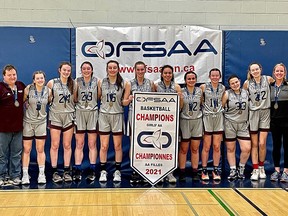 Members of the Frontenac Falcons senior girls basketball team pose for their championship photo after winning the Ontario Federation of School Athletic Associations senior girls AA basketball championship in Niagara Falls on Saturday, Nov. 27, 2021. Supplied Photo