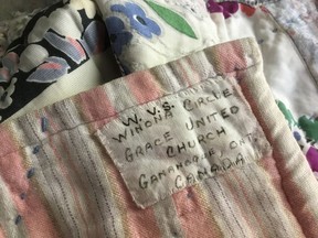 The label on the Gananoque quilt showing that it was made by the Winona Circle of Grace United Church.