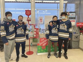 Many times throughout the year Kirkland Laker’s will see members of the Gold Miners participating in worthy causes. One of those causes is the annual Salvation Army Kettle Campaign. Miners’ players Zach Reddy, Camille Marcoux, Lucas Renzoni and Keaton Lyons recently put a shift in with the kettles at Foodland.
