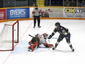 Nick Albrecht scores this shoot out goal against Hearst.