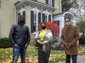 Volunteers with the Multicultural Association of Perth-Huron (MAPH) were in Exeter Nov. 17 to discuss some of the difficulties that newcomers to Canada have been facing during the pandemic. From left are MAPH translators Saif Mustaf and Priya Sahota with founder and president Dr. Geza Wordofa.