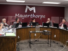 Mayerthorpe town council, including (l-r) councillors Becky Wells, Pat Burns and Sandy Morton, CAO Karen St. Martin, Mayor Janet Jabush, and councillors Esther Sonnenberg, Marc Claybrook and Anna Greenwood, approved some early budget items.