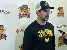 North Bay Battalion head coach Ryan Oulahen talks to local media, Wednesday, about the Thursday game against the Ottawa 67s.
Chris McKee/The Nugget