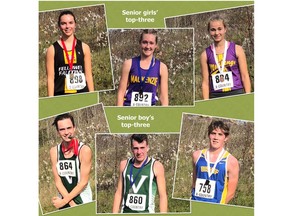 The top-three senior girls' finsihers (top from left) were Heidi Hugli, Fellowes High School and Katherine Deighton and Jamie Hopkins, both from Mackenzie Community School. The top-three senior boys' finishers (bottom from left) were Vallour High School Ben Arsenault and Daniel Epp and Bishop Smith's Jesse Kenny.