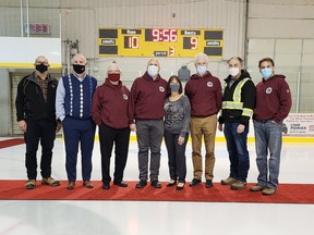 The completion of the Petawawa Civic Centre arena floor, board and glass replacement and new scoreclock courtesy of the PCC Fundraising Committee was recently celebrated. On hand to mark the occasion (from left) were Randy Brunatti, project manager Frecon Construction Ltd.; Kelly Williams, Petawawa community services director; Mayor Bob Sweet; Coun Murray Rutz; Coun. Theresa Sabourin, past president PCC Fundraising Committee; Coun. James Carmody; Mark Reinert, Petawawa parks and recreation facilities supervisor and Deputy Mayor Gary Serviss.