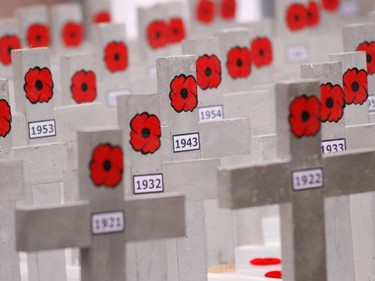 A section of the handcrafted display set up between the cenotaphs in Pembroke to mark the 100th anniversary of the Remembrance Poppy in 2021. According to the website of the Royal Canadian Legion, Madame Anna Guérin had an idea: to adopt the distribution of the Poppy on Armistice Day as a way to raise money for Veterans' needs and to remember those who had given their lives during the First World War. Her idea became reality in 1921. Anthony Dixon