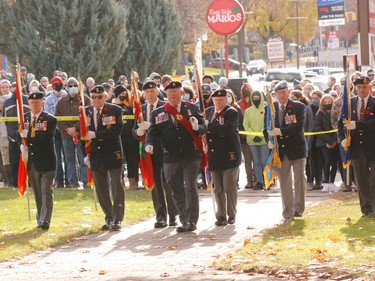 Led by sergeant-at-arm Comrade Chris Thorborne, the Royal Canadian Legion Branch 72 colour party marches in the colours to begin Remembrance Day ceremonies in Pembroke. Anthony Dixon